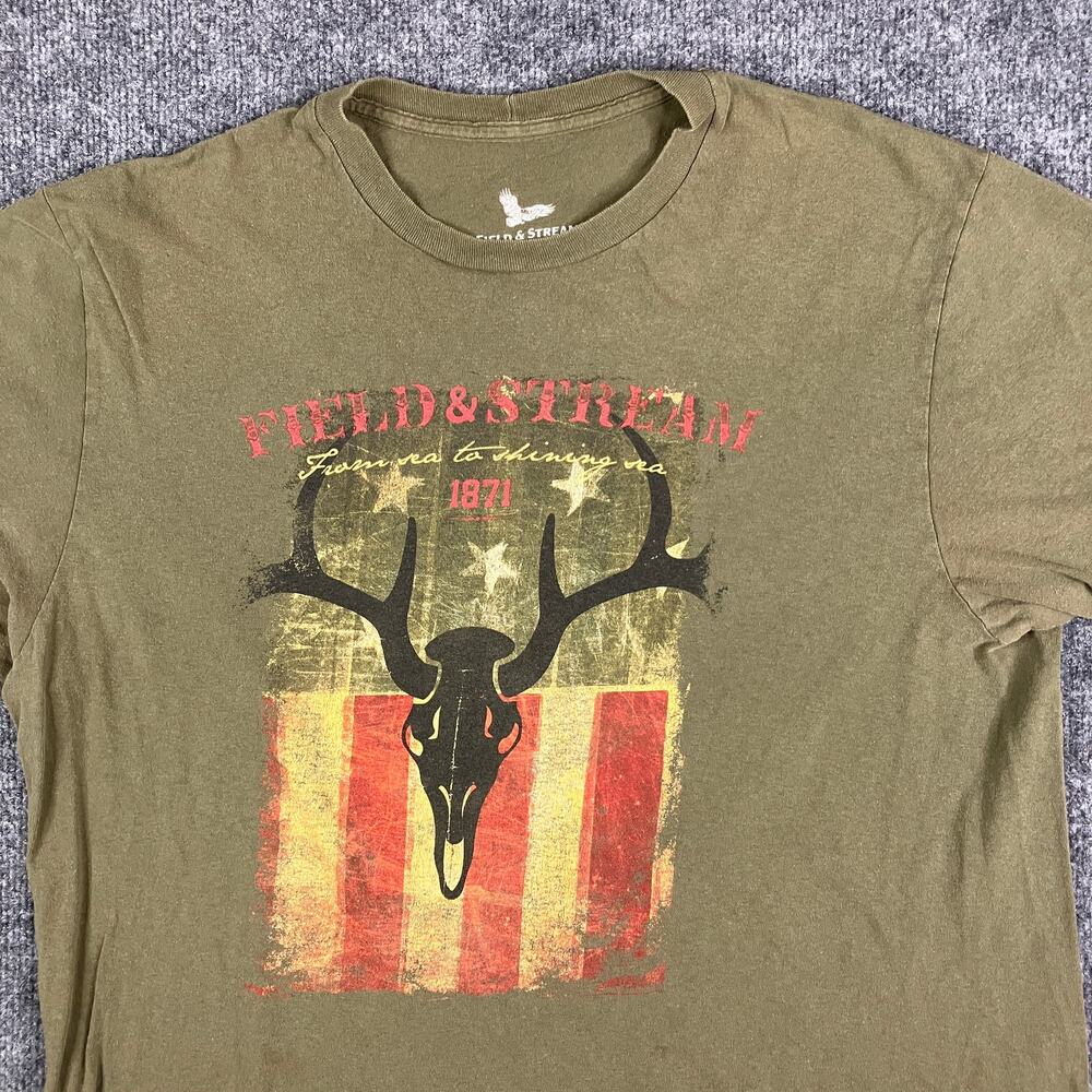 Field & Stream T-Shirt Mens L Green Antler‎ Skull American Flag Graphic Tee